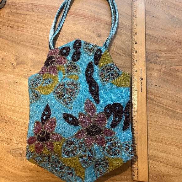 Chan Luu beaded and silk vintage handbag,  blue bronze with pink flowers, yellow - Picture 4 of 13